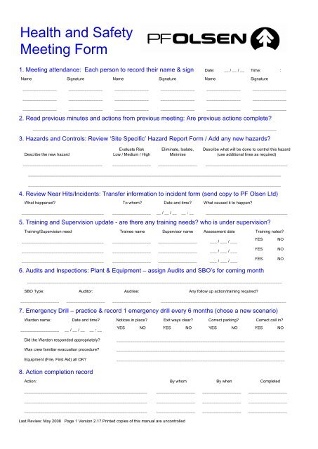 Health and Safety Meeting Form - PF Olsen Limited