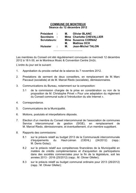Conseil communal PV dÃ©cembre 2012 - Commune de Montreux