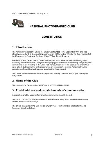 NATIONAL PHOTOGRAPHIC CLUB CONSTITUTION 1. Introduction ...