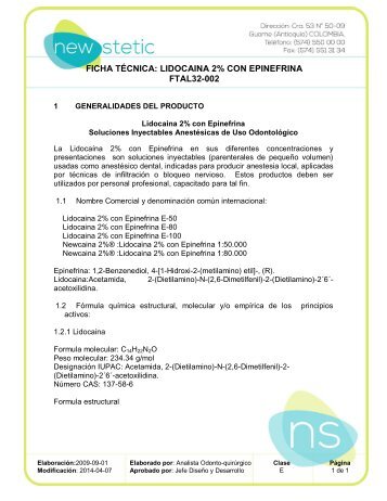 ficha tÃ©cnica: lidocaina 2% con epinefrina ftal32-002 - New Stetic