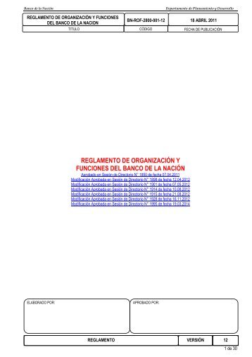 Reglamento de Organización y Funciones. - Banco de la Nación