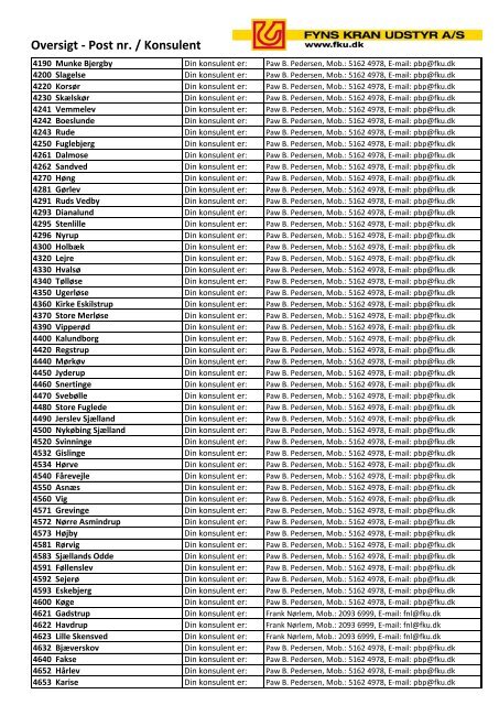 Oversigt - Post nr. / Konsulent - Fyns Kran Udstyr A/S
