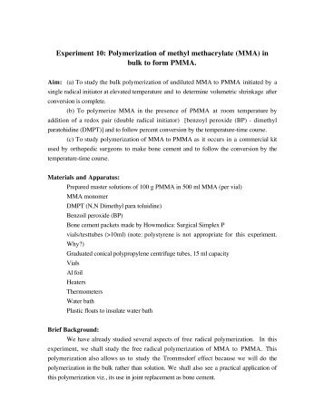 Experiment 10: Polymerization of methyl methacrylate (MMA) in bulk ...