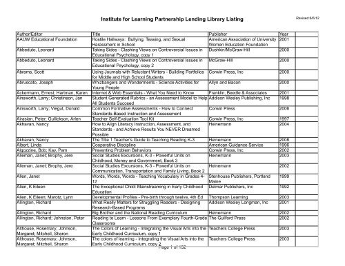 Institute for Learning Partnership Lending Library Listing