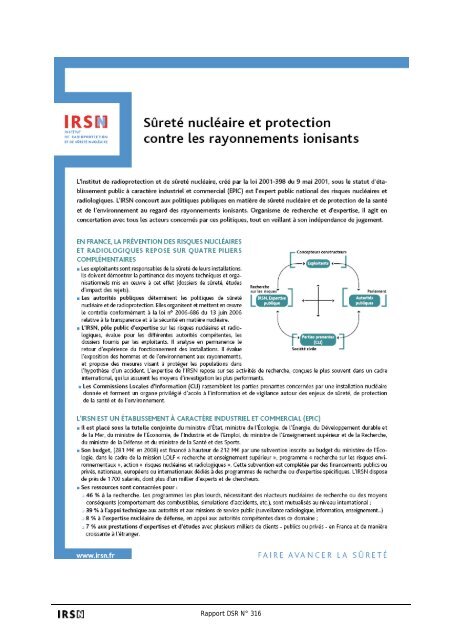 Point de vue de l'IRSN sur la sûreté et la radioprotection du parc ...