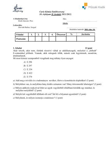 Curie KÃ©mia EmlÃ©kverseny 10. Ã©vfolyam II ... - Curie AlapÃ­tvÃ¡ny