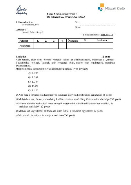 Curie KÃ©mia EmlÃ©kverseny 10. Ã©vfolyam II ... - Curie AlapÃ­tvÃ¡ny