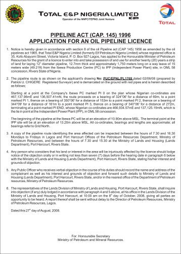 Pipeline Act (Cap. 145) 1996 Application for an Oil ... - TOTAL Nigeria
