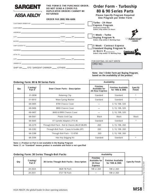 Order Form - Turboship 7 & 10 Line Parts - Sargent Locks