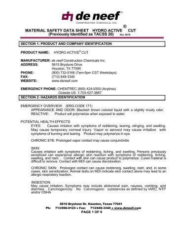 MATERIAL SAFETY DATA SHEET HYDRO ACTIVE CUT ...