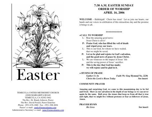 7:30 am easter sunday order of worship april 16, 2006 - Temecula ...