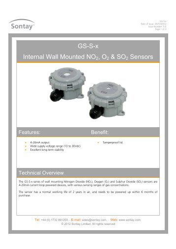 GS-S-x Internal Wall Mounted NO2, O2 & SO2 Sensors - Sontay