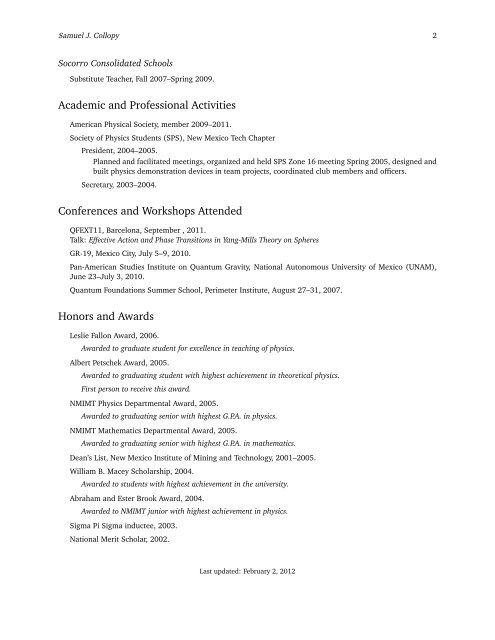 Samuel J. Collopy: Curriculum Vitae - New Mexico Tech