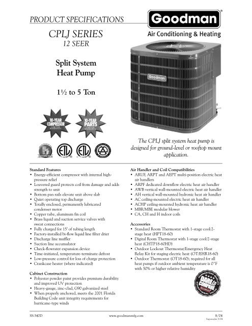 Goodman Cplj Series Spec Sheet Alpine Home Air Products