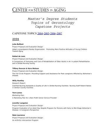 Master's degree students topics of gerontology capstone projects