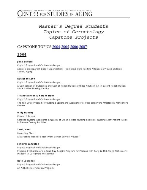 Master S Degree Students Topics Of Gerontology Capstone Projects