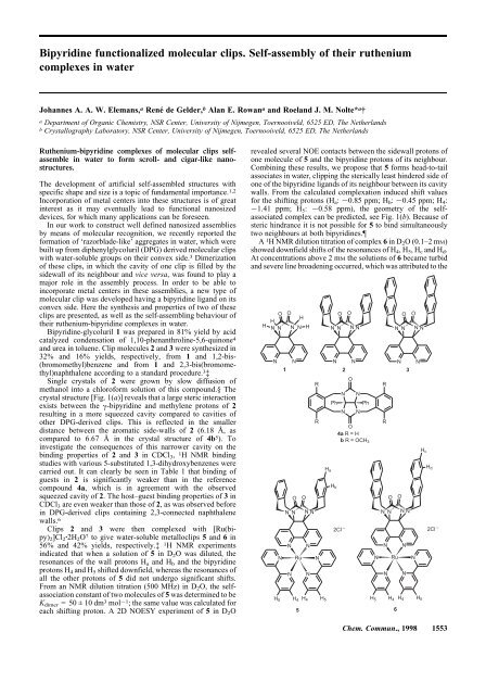 Bipyridine functionalized molecular clips. Self-assembly of their ...