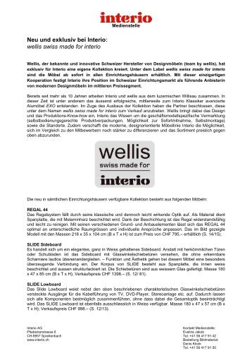 Neu und exklusiv bei Interio: wellis swiss made for interio