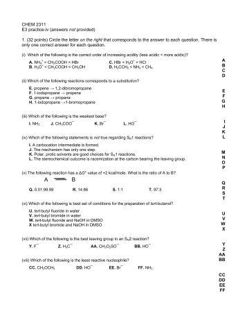 CHEM 2311 E3 practice-iv (answers not provided) 1. (32 points ...