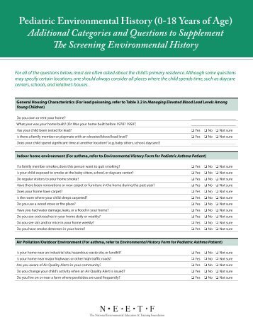 Pediatric Environmental History (0-18 Years of Age) Additional ...