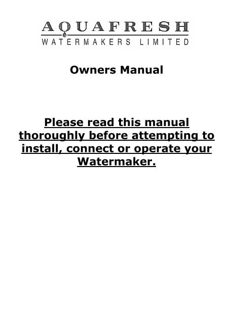 Aquafresh Watermakers Manual - Atlantis Marine Power