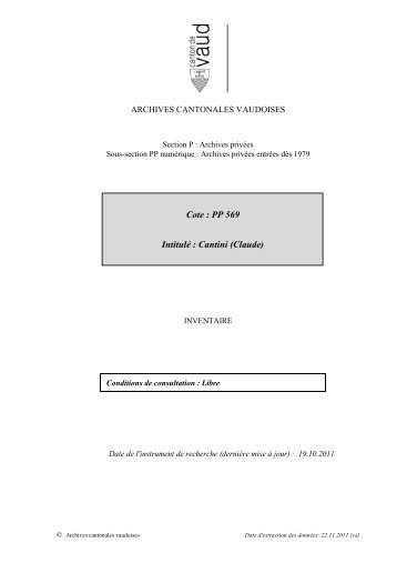 Cantini (Claude) - Inventaires des Archives Cantonales Vaudoises