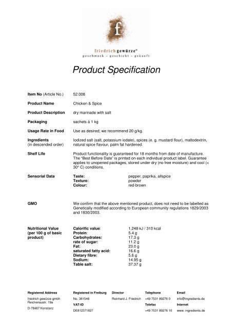 Product Specification - Friedrich Ingredients