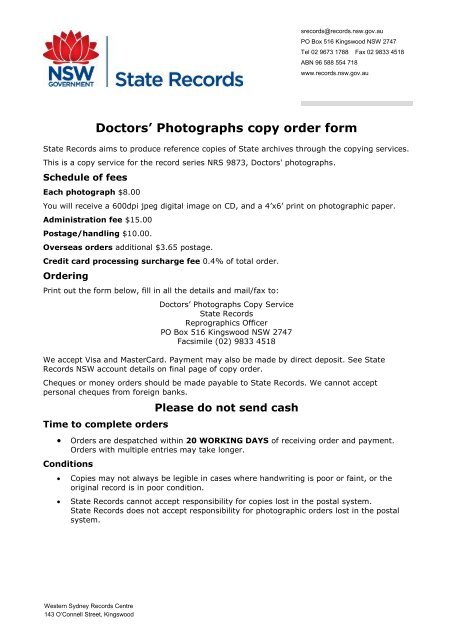 Doctors Photographs copy order form - State Records NSW