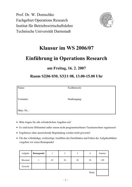 Klausur im WS 2006/07 Einführung in Operations Research