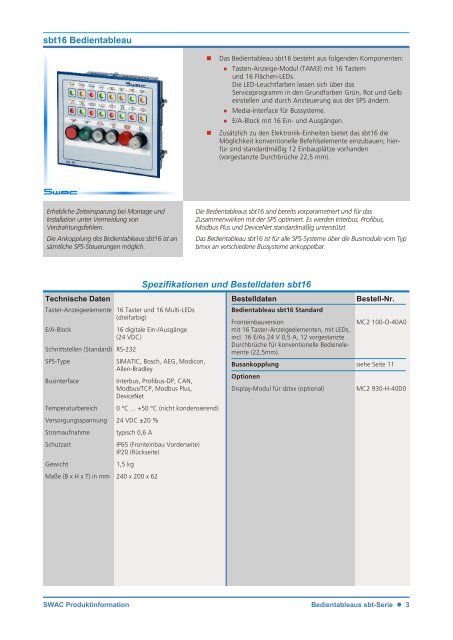 sbt-Serie Produktinformation Bedientableaus der Serie sbtxx - Swac