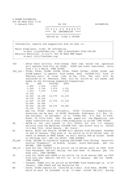 S DX@WW $425WW505A 425 DX News #505 [1/4] 6 January 2001 ...