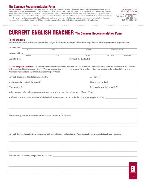 application for admission school report english ... - The Taft School