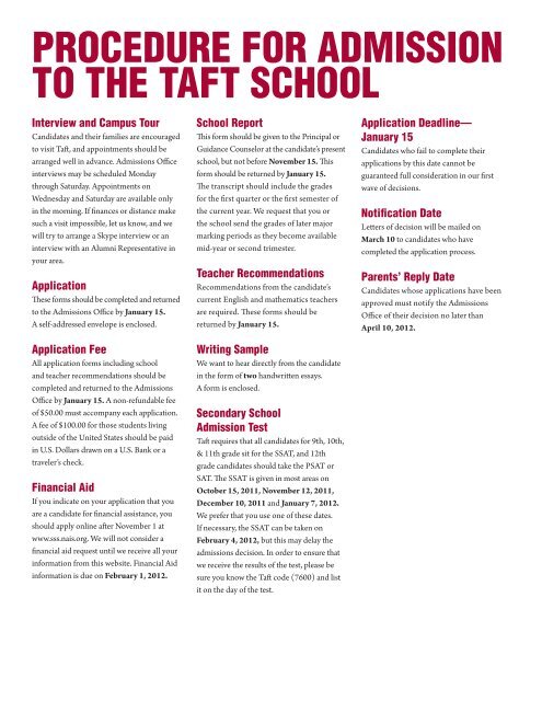 application for admission school report english ... - The Taft School