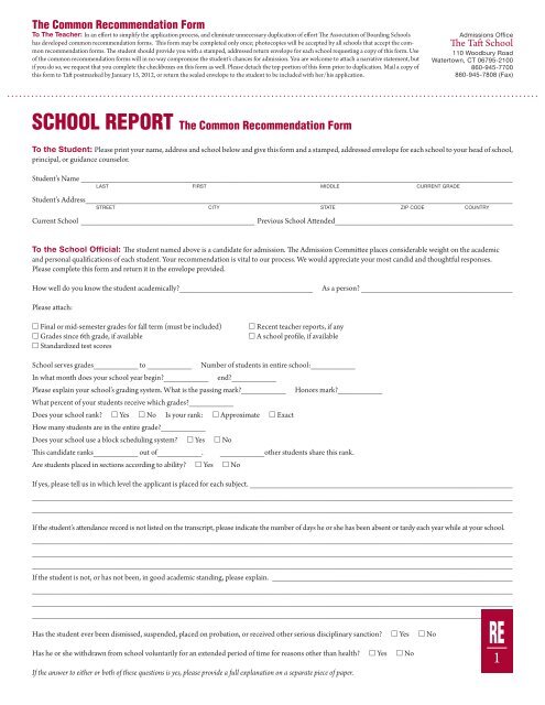 application for admission school report english ... - The Taft School