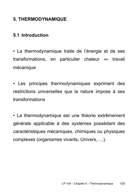 5 Thermodynamique 5 1 Introduction A La Upmc