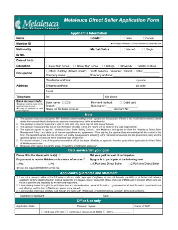 Melaleuca Direct Seller Application Form