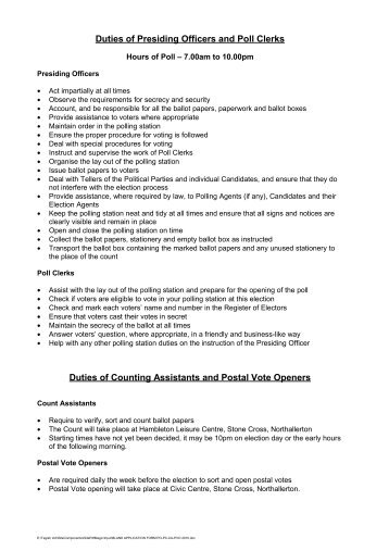 Duties of Presiding Officers and Poll Clerks Duties of Counting ...