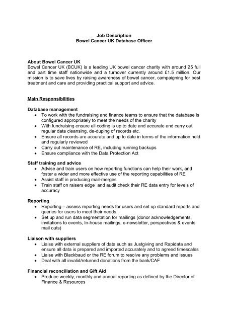 Job Description Bowel Cancer UK Database Officer About Bowel ...