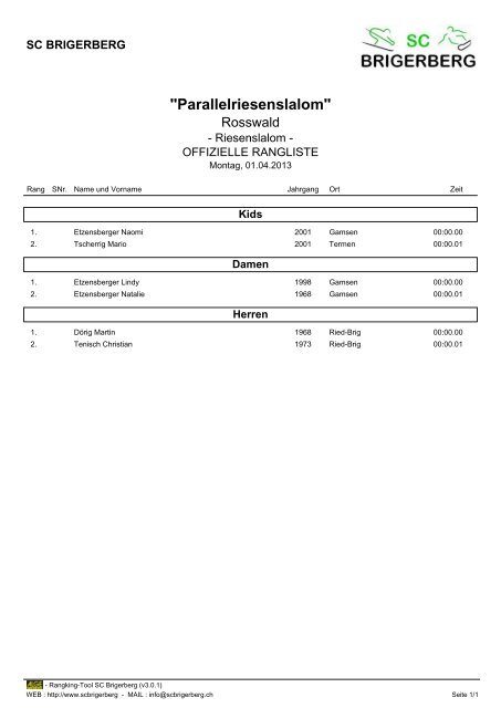 Rangliste Parallelriesenslalom - SC Brigerberg