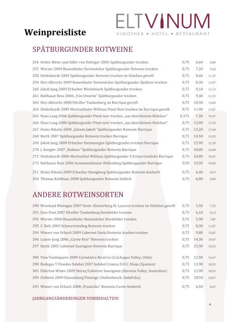 Weinpreisliste - Eltviller Vinothek Gmbh