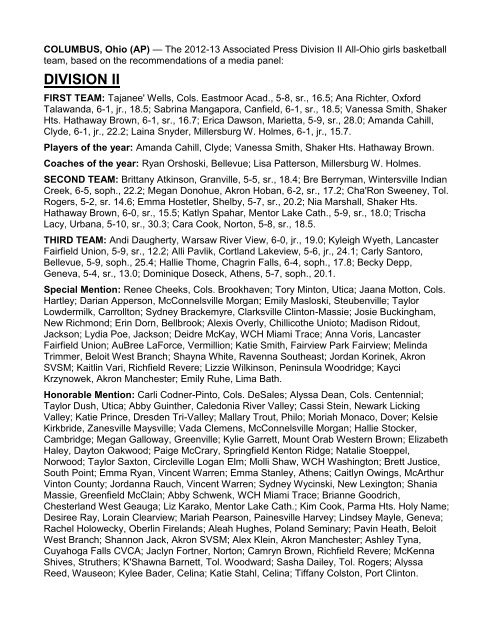 2012-13 associated press all-ohio girls basketball teams - Ohio High ...