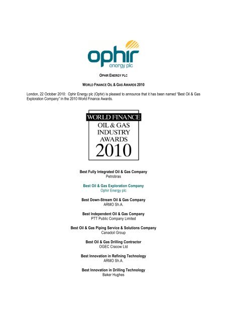 Best Oil & Gas Explorati - Ophir Energy