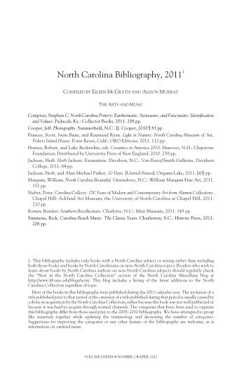 North Carolina Bibliography, 20111 - Historical Publications