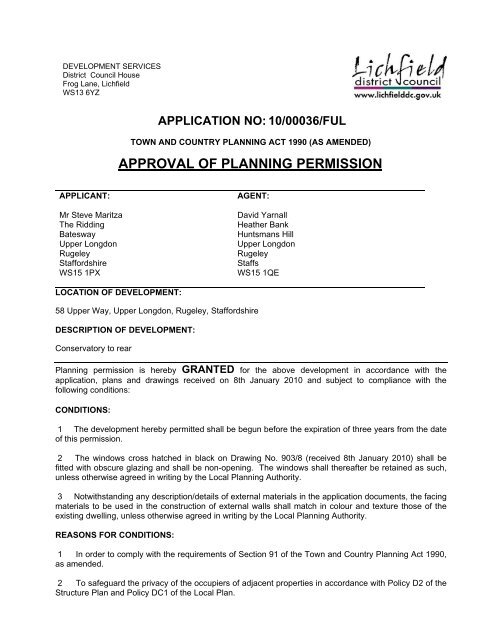 APPROVAL OF PLANNING PERMISSION - Lichfield District Council