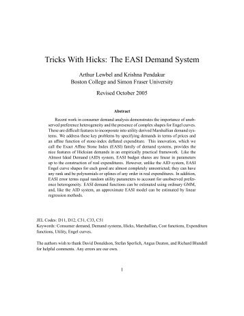 Tricks With Hicks: The EASI Demand System - Laboratory for ...