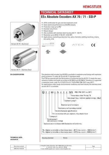 TECHNICAL DATASHEET EEx Absolute Encoders AX 70 / 71 - SSI-P