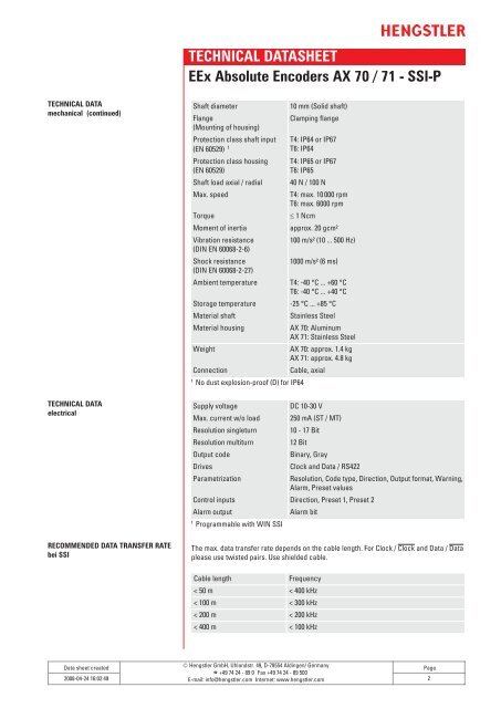 TECHNICAL DATASHEET EEx Absolute Encoders AX 70 / 71 - SSI-P