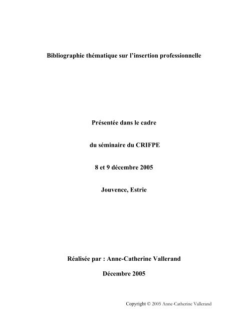 Bibliographie thÃ©matique sur l'insertion professionnelle - Carrefour ...