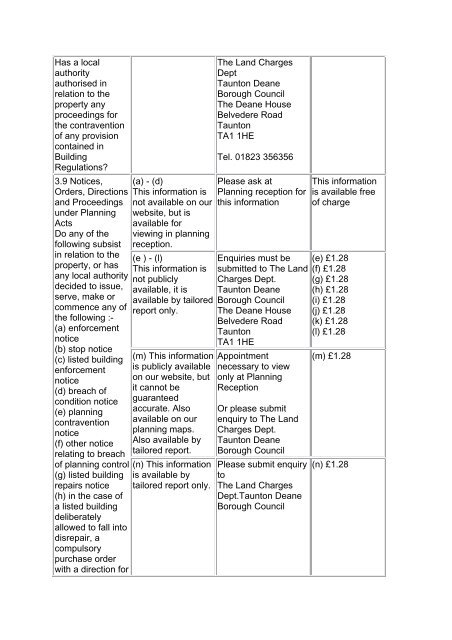 Charges For Con29R - Taunton Deane Borough Council