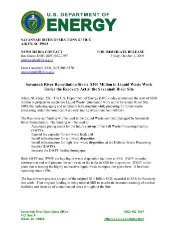 Read the DOE press release. - Savannah River Remediation LLC